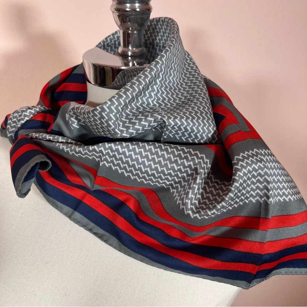 Vintage 1970 Mod Red Grey Art deco Geometric Striped Nautical  Square Scarf